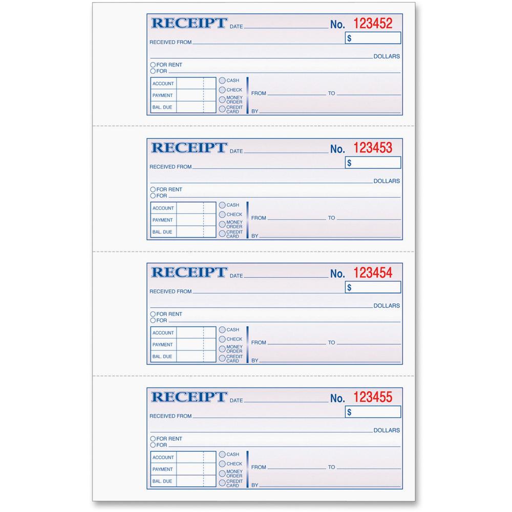 TOPS Money/Rent Receipt Book - 3 PartCarbonless Copy - 2.75" x 7.25" Sheet Size - Assorted Sheet(s) - Blue Print Color - 1 Each. Picture 1
