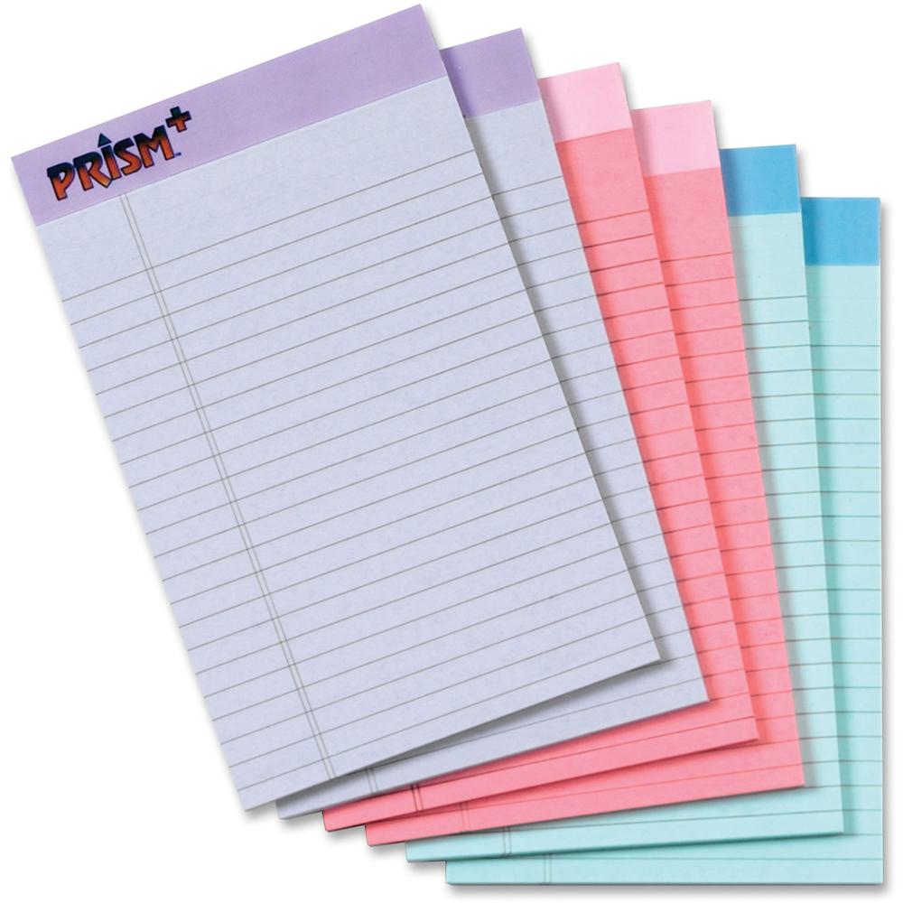 TOPS Prism Plus Legal Pads - Jr.Legal - 50 Sheets - 0.28" Ruled - 16 lb Basis Weight - Jr.Legal - 5" x 8" - Assorted Paper - Perforated, Hard Cover, Rigid, Easy Tear - 6 / Pack. Picture 1