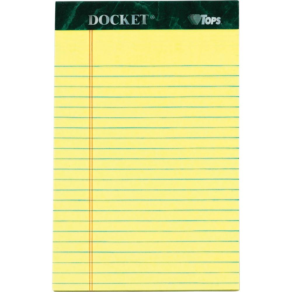 TOPS Jr. Legal Rule Docket Writing Pads - 50 Sheets - Double Stitched - 0.28" Ruled - 16 lb Basis Weight - Jr.Legal - 5" x 8" - Canary Paper - Hard Cover, Perforated, Easy Tear, Sturdy Back, Resist Bl. Picture 1