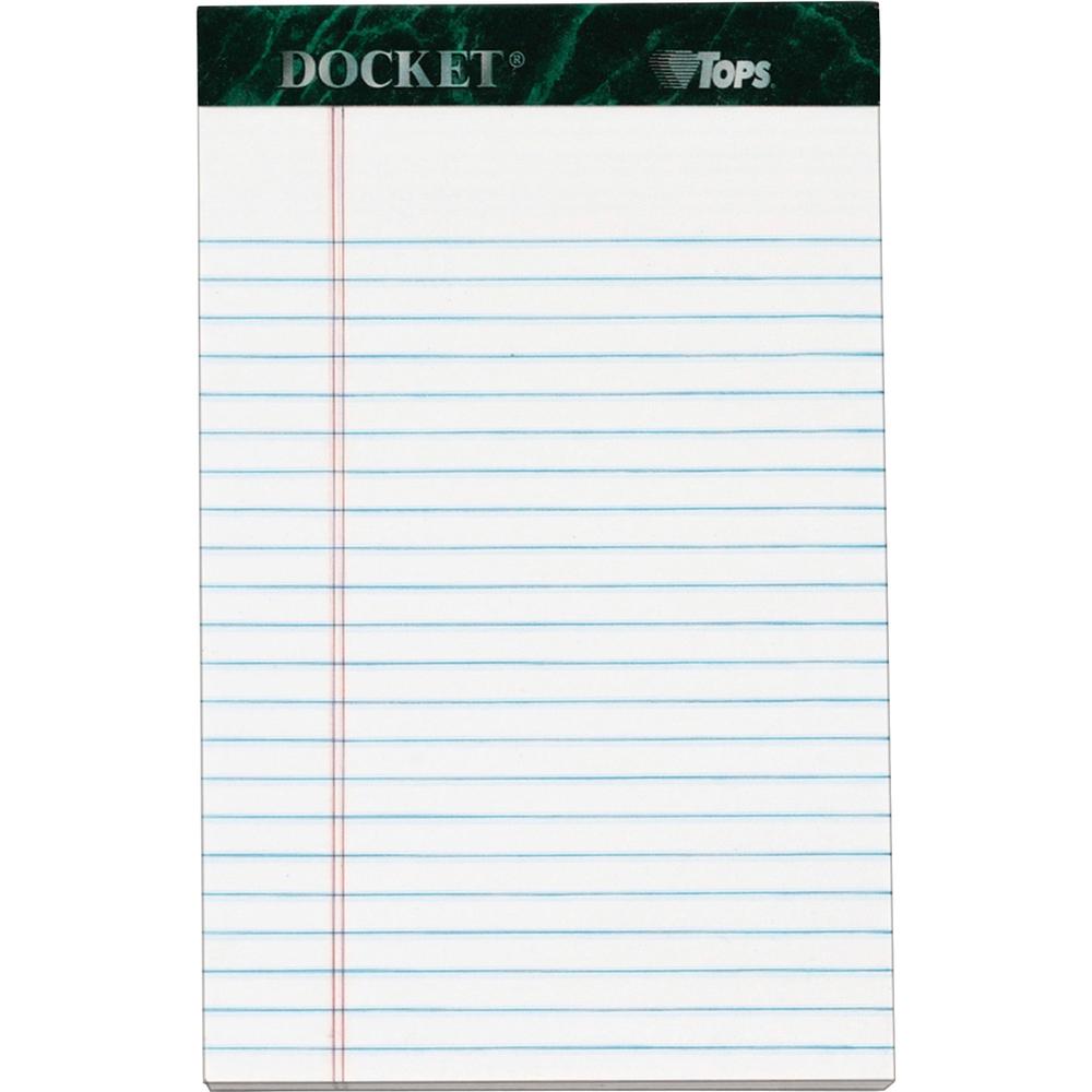 TOPS Docket Letr - Trim White Legal Pads - Jr.Legal - 50 Sheets - Double Stitched - 0.28" Ruled - 16 lb Basis Weight - Jr.Legal - 5" x 8" - White Paper - Marble Green Binding - Perforated, Sturdy Back. Picture 1