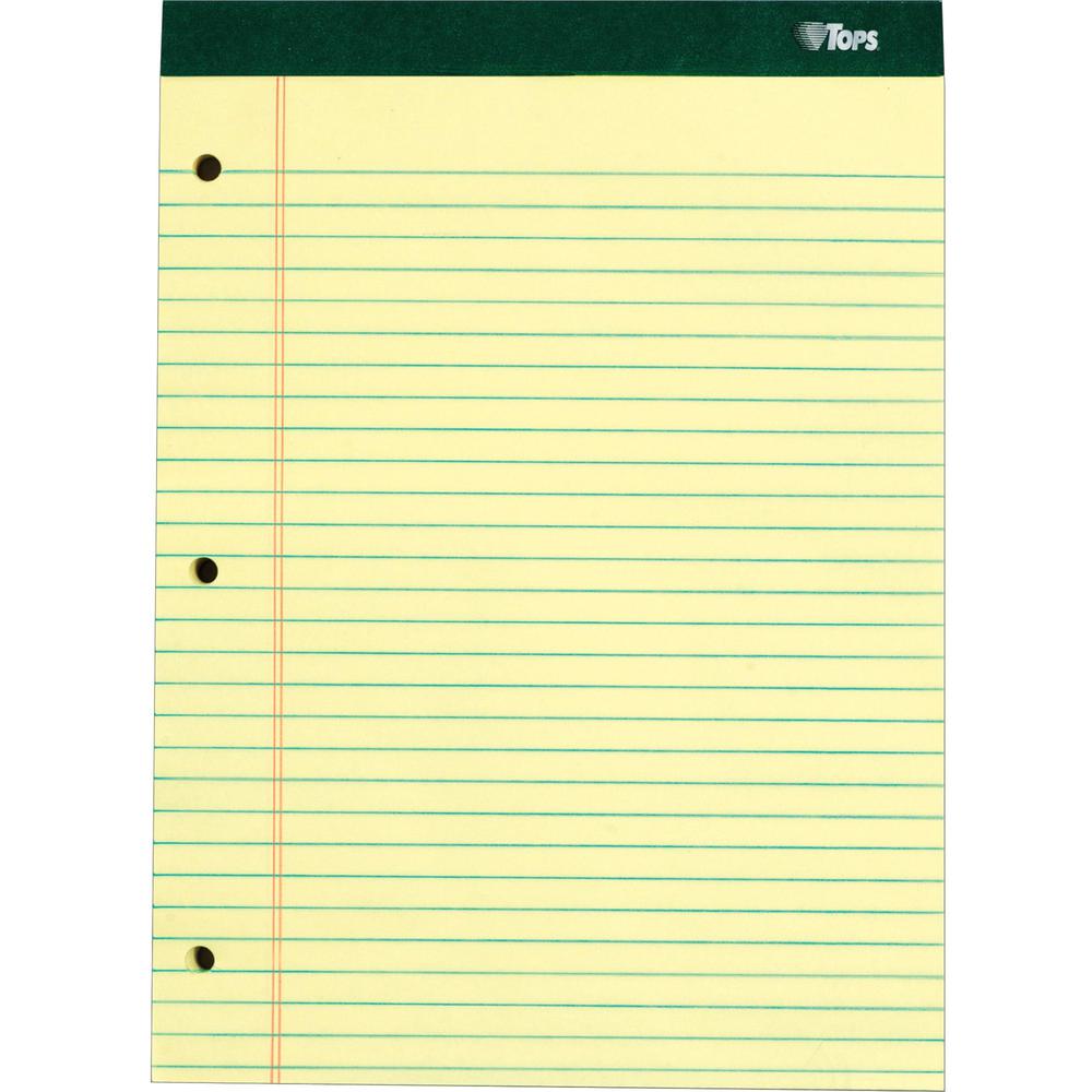 TOPS Perforated 3 Hole Punched Ruled Docket Legal Pads - 100 Sheets - Double Stitched - 0.34" Ruled - 16 lb Basis Weight - 8 1/2" x 11 3/4" - Canary Paper - Marble Green Binding - Perforated, Hard Cov. Picture 1