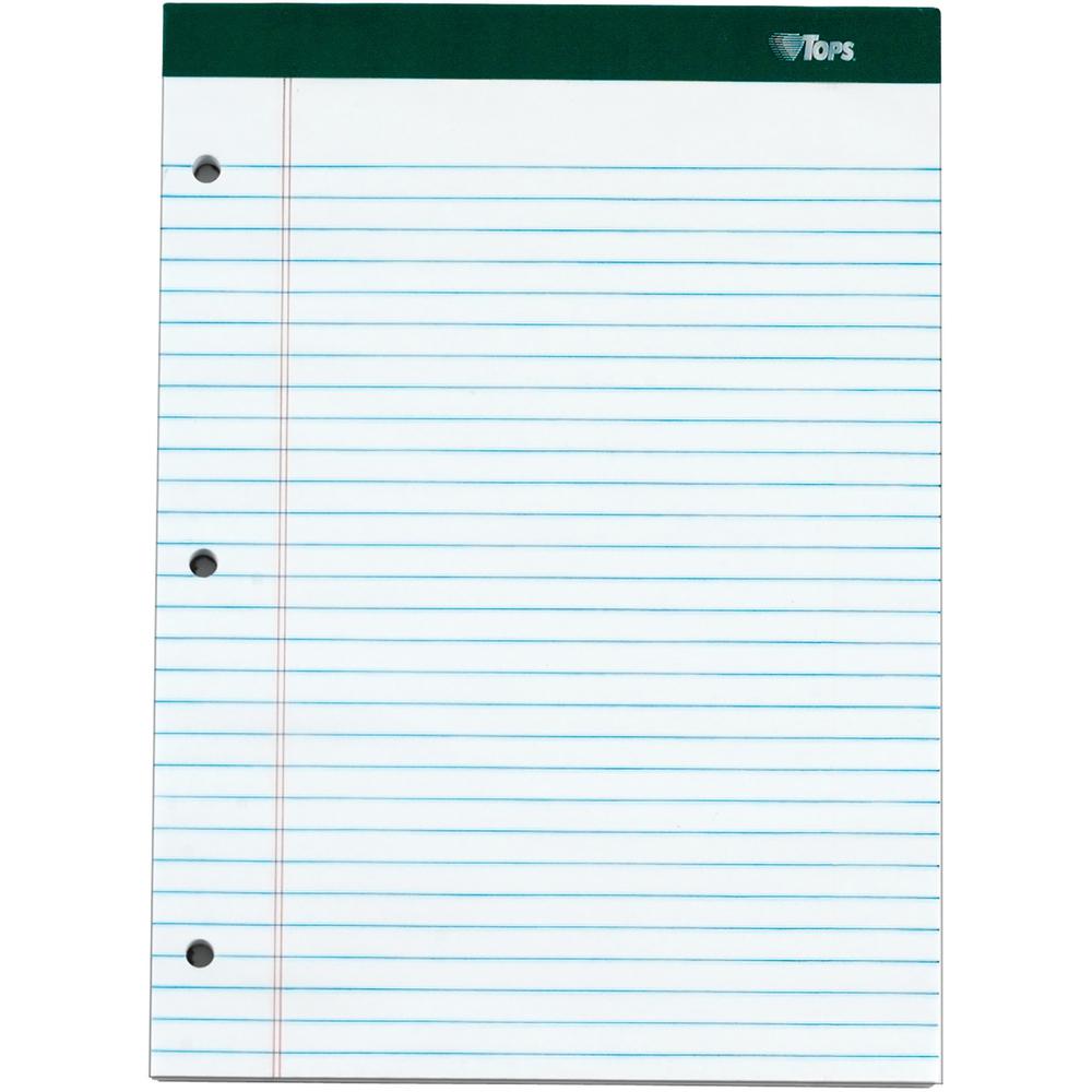 TOPS Docket 3-hole Punched Legal Ruled Legal Pads - 100 Sheets - Double Stitched - 0.34" Ruled - 16 lb Basis Weight - 8 1/2" x 11 3/4" - White Paper - Marble Green Binding - Perforated, Hard Cover, Re. Picture 1