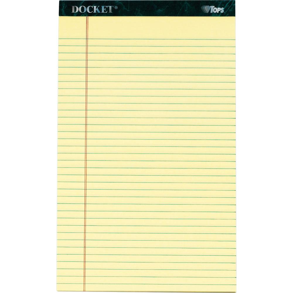 TOPS Docket Letr - Trim Legal Rule Canary Legal Pads - Legal - 50 Sheets - Double Stitched - 0.34" Ruled - 16 lb Basis Weight - Legal - 8 1/2" x 14" - Canary Paper - Marble Green Binding - Perforated,. Picture 1