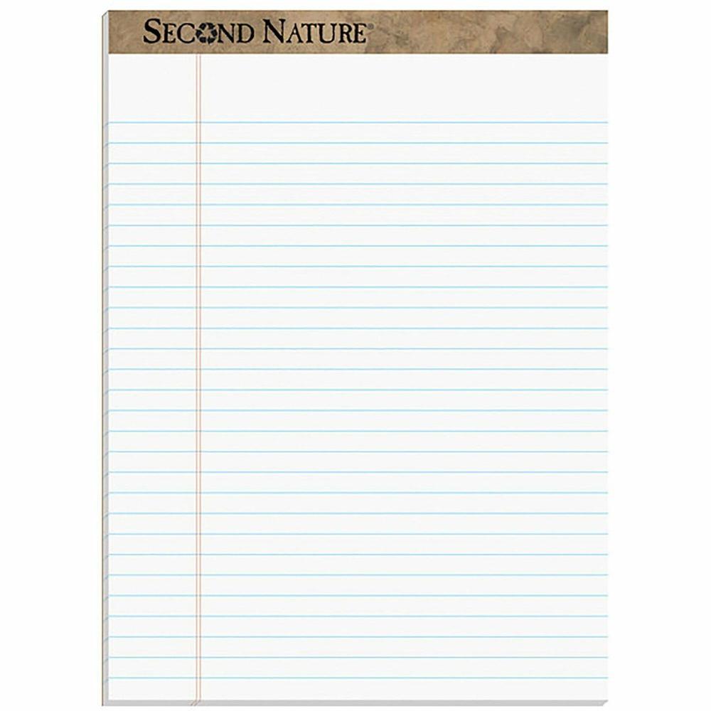 TOPS Second Nature Legal Rule Recycled Writing Pad - 50 Sheets - 0.34" Ruled - Red Margin - 15 lb Basis Weight - 8 1/2" x 11 3/4" - White Paper - Perforated, Resist Bleed-through, Easy Tear - Recycled. Picture 1