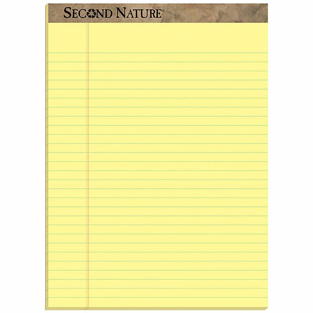 TOPS Second Nature Ruled Canary Writing Pads - 50 Sheets - 0.34" Ruled Red Margin - 15 lb Basis Weight - 8 1/2" x 11 3/4" - Canary Paper - Perforated, Resist Bleed-through, Easy Tear - Recycled - 12 /. Picture 1