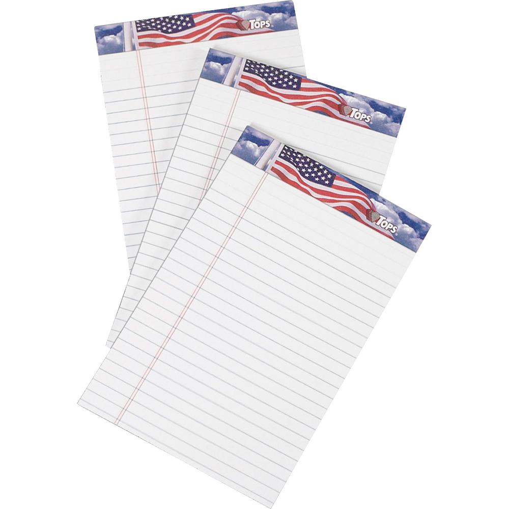 TOPS American Pride Binding Legal Writing Tablet - Jr.Legal - 50 Sheets - Strip - 16 lb Basis Weight - Jr.Legal - 5" x 8" - White Paper - Perforated, Bleed Resistant - 3 / Pack. Picture 1