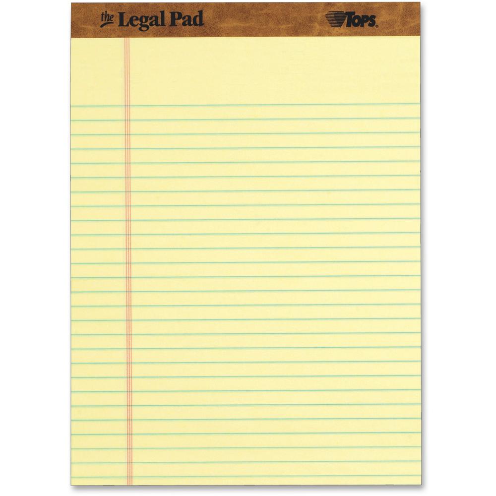 TOPS Letr-trim Perforated Legal Pads - 50 Sheets - Double Stitched - 0.34" Ruled - 16 lb Basis Weight - 8 1/2" x 11 3/4" - Canary Paper - Perforated, Hard Cover - 1 Dozen. Picture 1