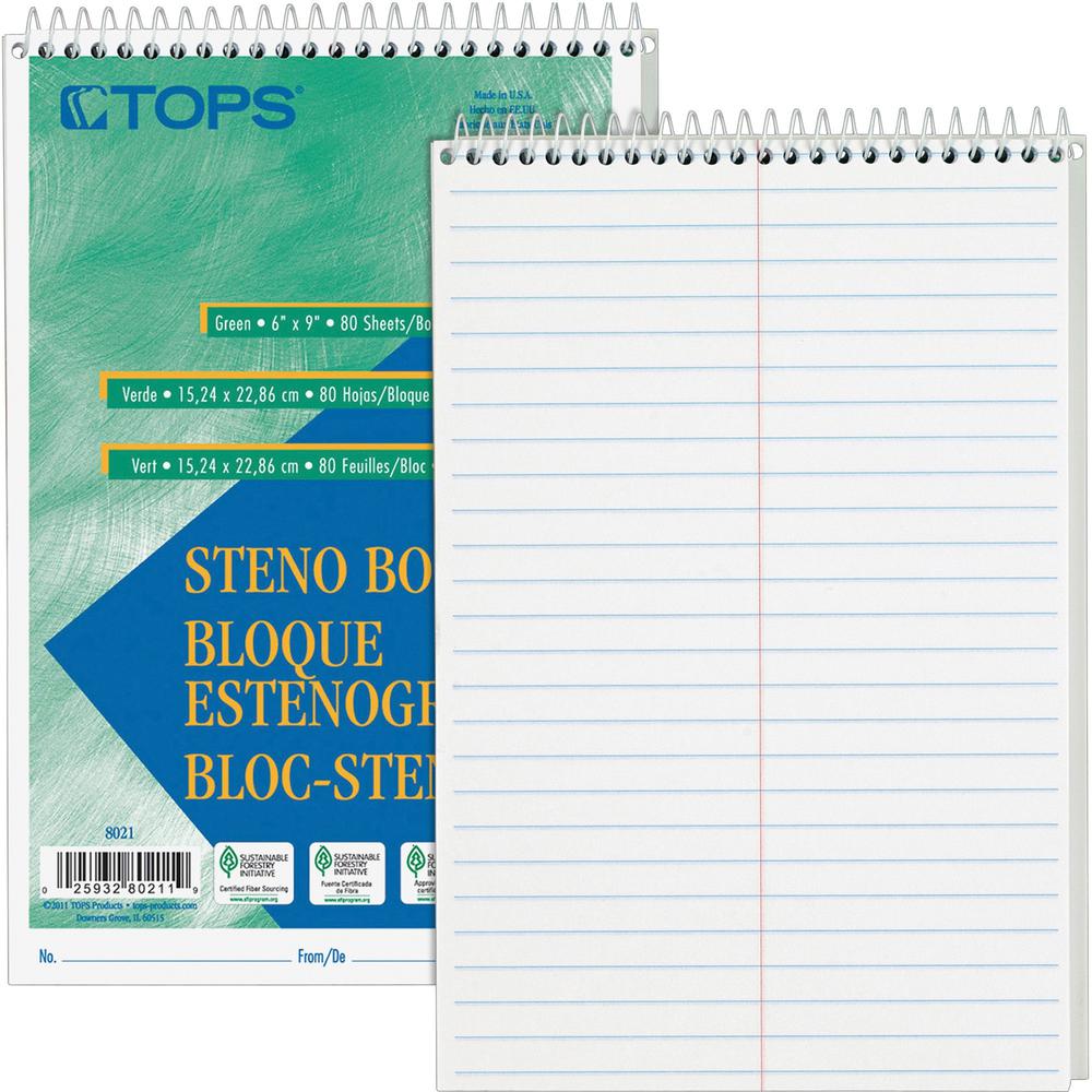 TOPS Steno Books - 80 Sheets - Wire Bound - Gregg Ruled Margin - 6" x 9" - White Paper - Hardboard Cover - WireLock - 12 / Pack. Picture 1