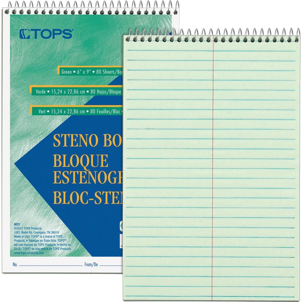 TOPS Green Tint Steno Books - 80 Sheets - Wire Bound - Ruled - 6" x 9" - Green Paper - Hardboard Cover - WireLock - 1 Each. Picture 1