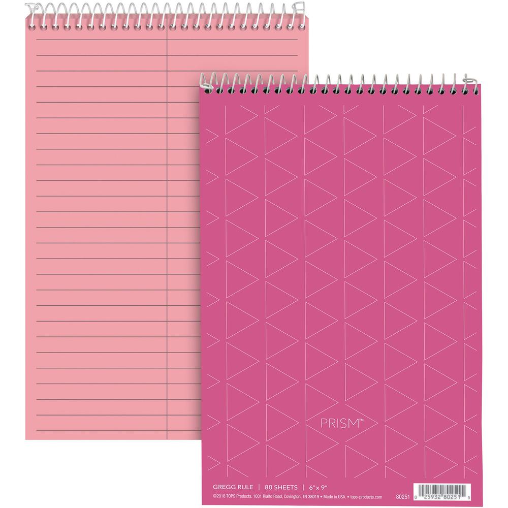 TOPS Prism Steno Books - 80 Sheets - Wire Bound - Gregg Ruled - 6" x 9" - Pink Paper - Perforated, Stiff-back, WireLock - 4 / Pack. Picture 1