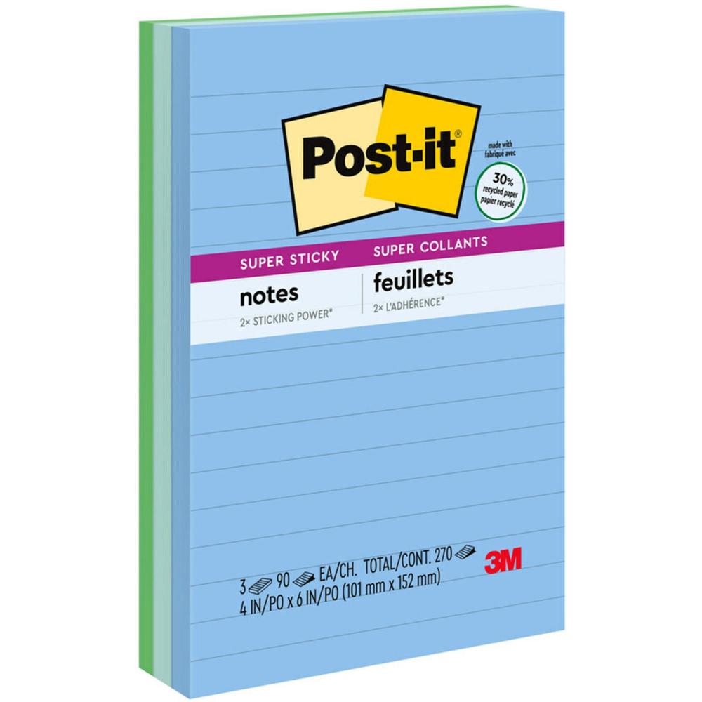 Post-it&reg; Super Sticky Notes - Oasis Color Collection - 270 - 4" x 6" - Rectangle - 90 Sheets per Pad - Ruled - Washed Denim, Fresh Mint, Lucky Green - Paper - Self-adhesive - 3 / Pack. Picture 1
