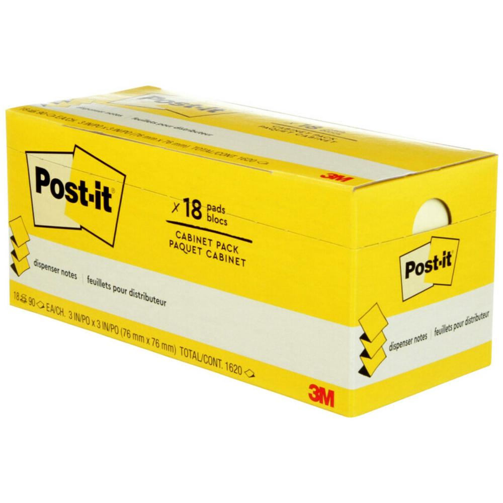Post-it&reg; Dispenser Notes - 1620 - 3" x 3" - Square - 90 Sheets per Pad - Unruled - Canary Yellow - Paper - Self-adhesive, Removable - 18 / Pack. Picture 1