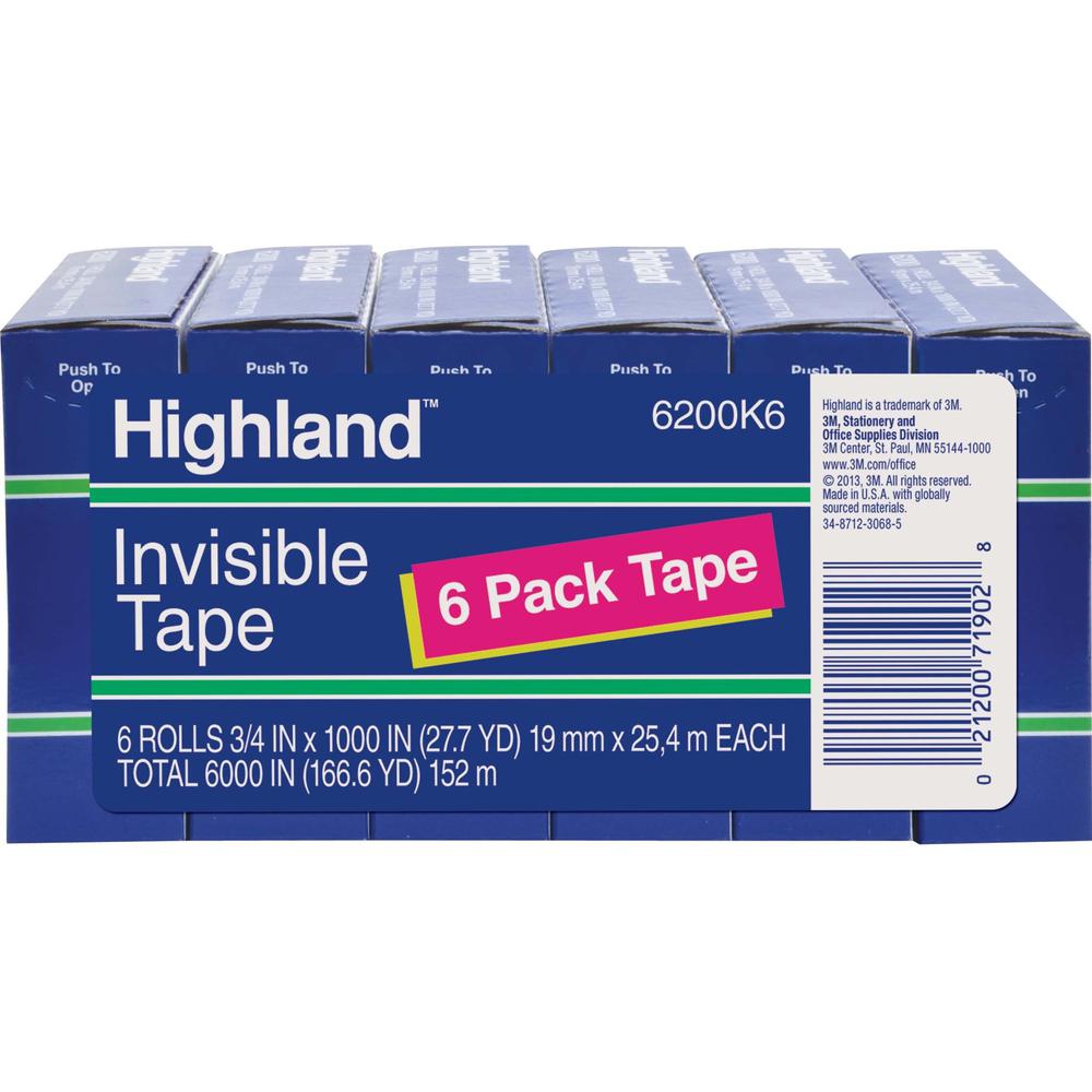 Highland 3/4"W Matte-finish Invisible Tape - 27.78 yd Length x 0.75" Width - 1" Core - For Mending, Holding, Splicing - 6 / Pack - Matte - Clear. The main picture.