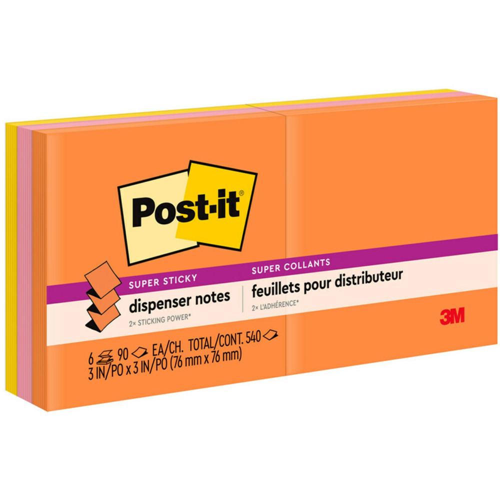 Post-it&reg; Super Sticky Dispenser Notes - Energy Boost Color Collection - 540 - 3" x 3" - Square - 90 Sheets per Pad - Unruled - Vital Orange, Tropical Pink, Sunnyside - Paper - Self-adhesive, Repos. Picture 1
