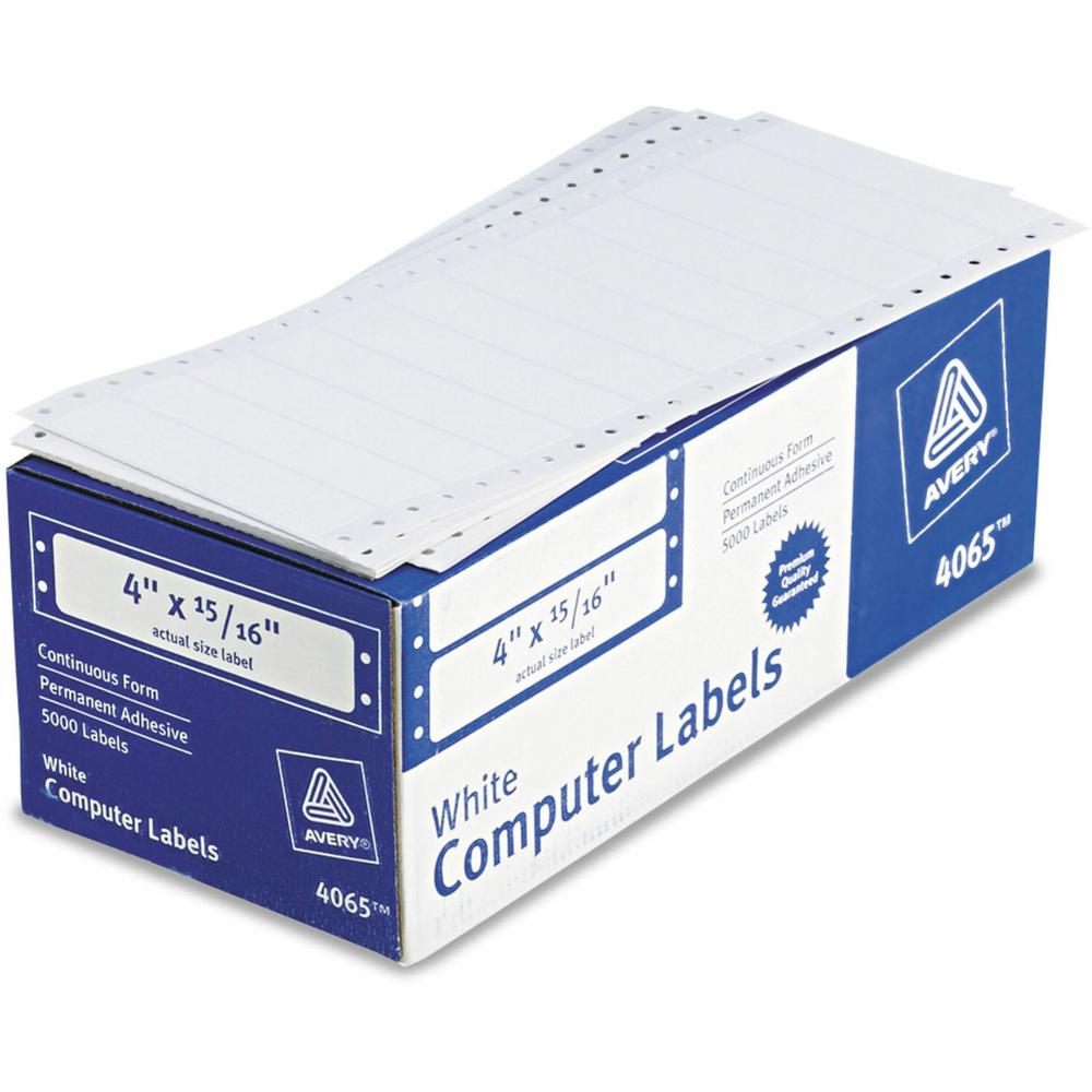 Avery&reg; Continuous Form Computer Labels, Permanent Adhesive, 4" x 15/16" , 5,000 Labels (4065) - 4" Width - Permanent Adhesive - Dot Matrix - Bright White - Paper - 1 / Sheet - 5000 Total Label(s) . Picture 1