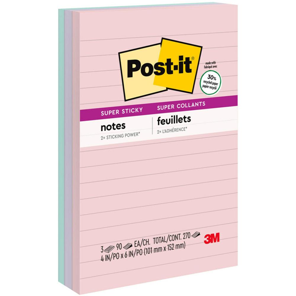 Post-it&reg; Super Sticky Lined Recycled Notes - Wanderlust Pastels Color Collection - 270 - 4" x 6" - Rectangle - 90 Sheets per Pad - Ruled - Pink Salt, Orchid Frost, Fresh Mint - Paper - 3 / Pack - . Picture 1