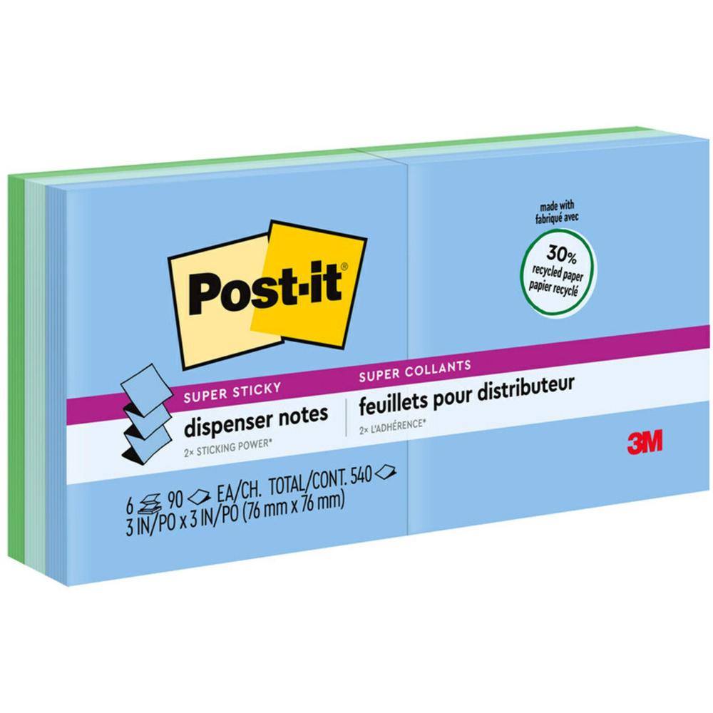 Post-it&reg; Super Sticky Dispenser Notes - Oasis Color Collection - 540 - 3" x 3" - Square - 90 Sheets per Pad - Unruled - Aqua Wave, Neptune Blue, Orchid - Paper - Self-adhesive, Pop-up - 6 / Pack -. Picture 1