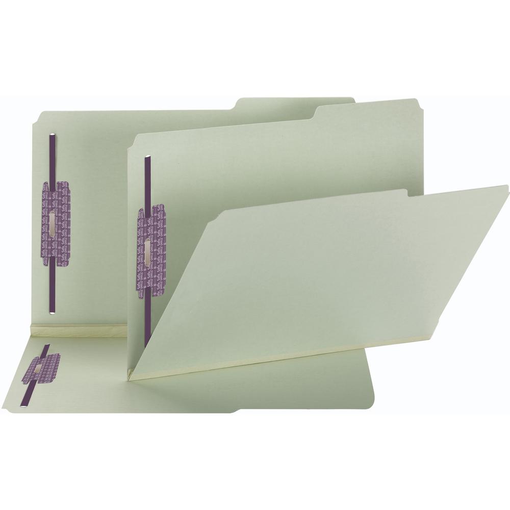 Smead 2/5 Tab Cut Legal Recycled Fastener Folder - 8 1/2" x 14" - 2" Expansion - 2 x 2S Fastener(s) - Top Tab Location - Right Tab Position - Pressboard - Gray, Green - 60% Paper Recycled - 25 / Box. Picture 1