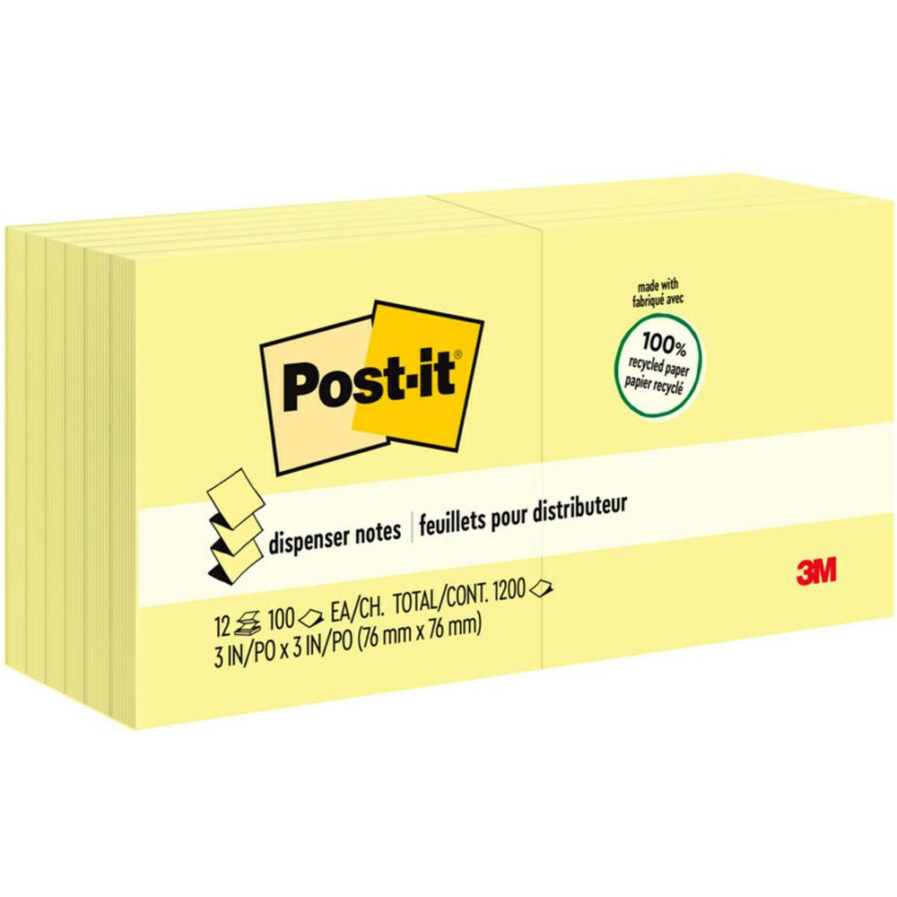 Post-it&reg; Greener Dispenser Notes - 1200 - 3" x 3" - Square - 100 Sheets per Pad - Unruled - Yellow - Paper - Self-adhesive, Repositionable, Non-smearing - 12 / Pack - Recycled. Picture 1