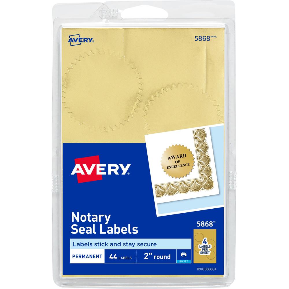 Avery&reg; Printable Gold Foil Notarial Seals - Round - 2" Diameter - Permanent - For Award, Certificate, Envelope, Legal Document - Gold - 42 / Pack. The main picture.