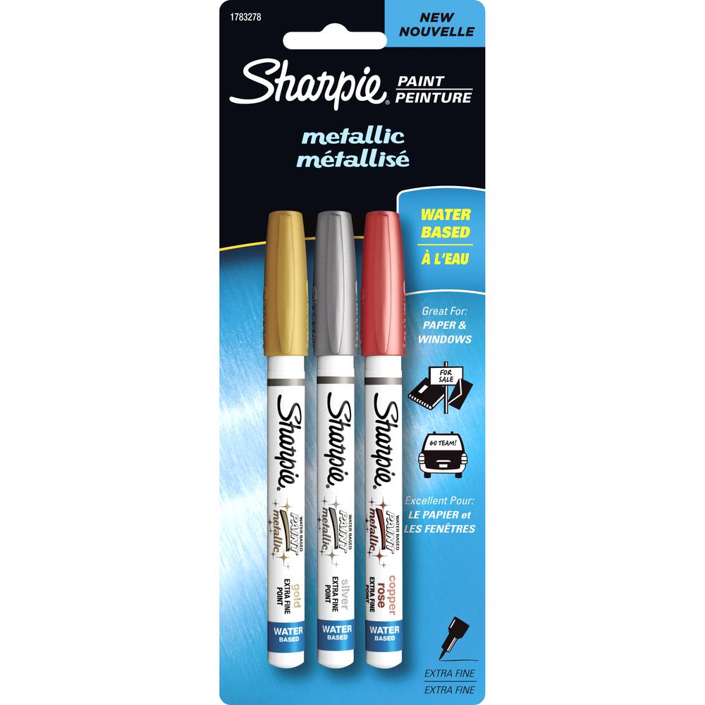 Sharpie Water-Based Glitter Paint Marker - Extra Fine Marker Point - Gold, Silver, Copper Rose Water Based Ink - 3 / Pack. The main picture.