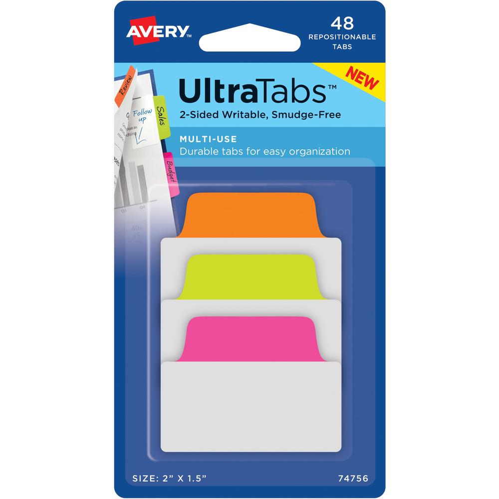 Avery&reg; 2" Multi-use Ultra Tabs - 48 Tab(s) - 1.50" Tab Height x 2" Tab Width - Clear Film, Neon Pink Paper, Neon Green, Neon Orange Tab(s) - 48 / Pack. Picture 1
