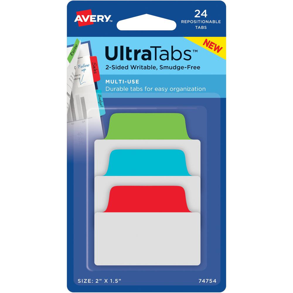 Avery&reg; 2" Multi-use Ultra Tabs - 48 Tab(s) - 1.50" Tab Height x 2" Tab Width - Red Film, Clear Paper, Blue, Green Tab(s) - 48 / Pack. Picture 1