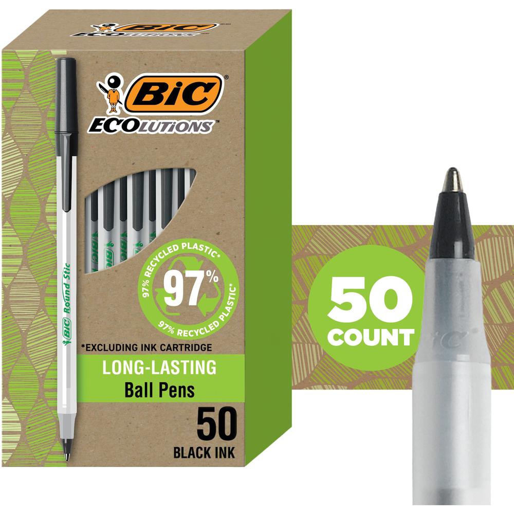 BIC Ecolutions Round Stic Ball Point Pen - Medium Pen Point - 1 mm Pen Point Size - Refillable - Black - Frost Polypropylene, Translucent Plastic Barrel - 10 / Pack. Picture 1