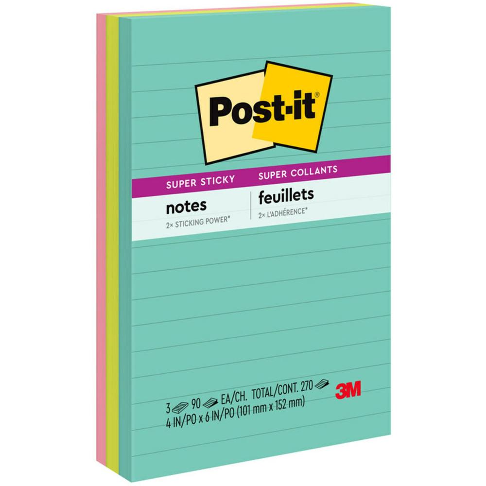 Post-it&reg; Super Sticky Notes - Supernova Neons Color Collection - 270 x Multicolor - 4" x 6" - Rectangle - 90 Sheets per Pad - Ruled - Aqua Splash, Acid Lime, Guava - Paper - Self-adhesive, Recycla. Picture 1