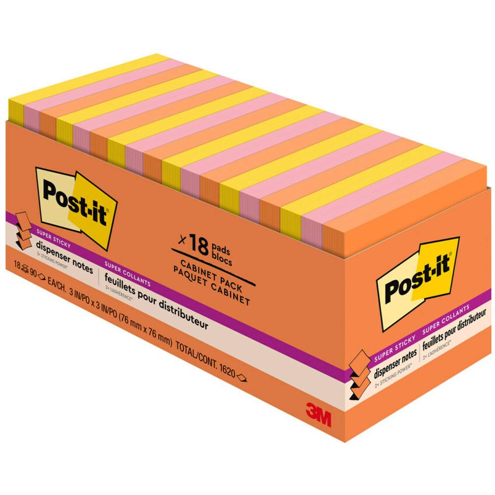 Post-it&reg; Super Sticky Dispenser Notes - Energy Boost Color Collection - 3" x 3" - Rectangle - Vital Orange, Tropical Pink, Sunnyside - Paper - Self-adhesive, Removable, Recyclable - 18 / Pack. Picture 1