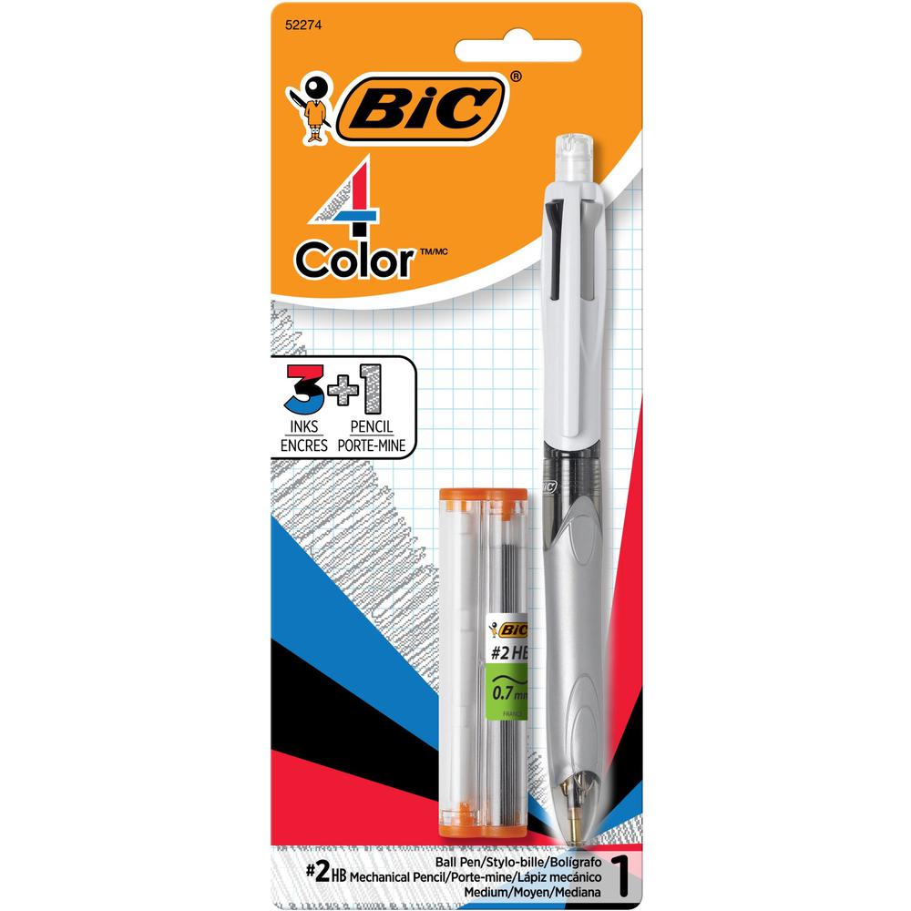 BIC 4-Color 3+1 Ball Pen and Pencil, Assorted Inks, 1 Pack - 2HB Pencil Grade - 0.7 mm Lead Size - Assorted Ink - Assorted Lead - Retractable - 1 / Pack. Picture 1