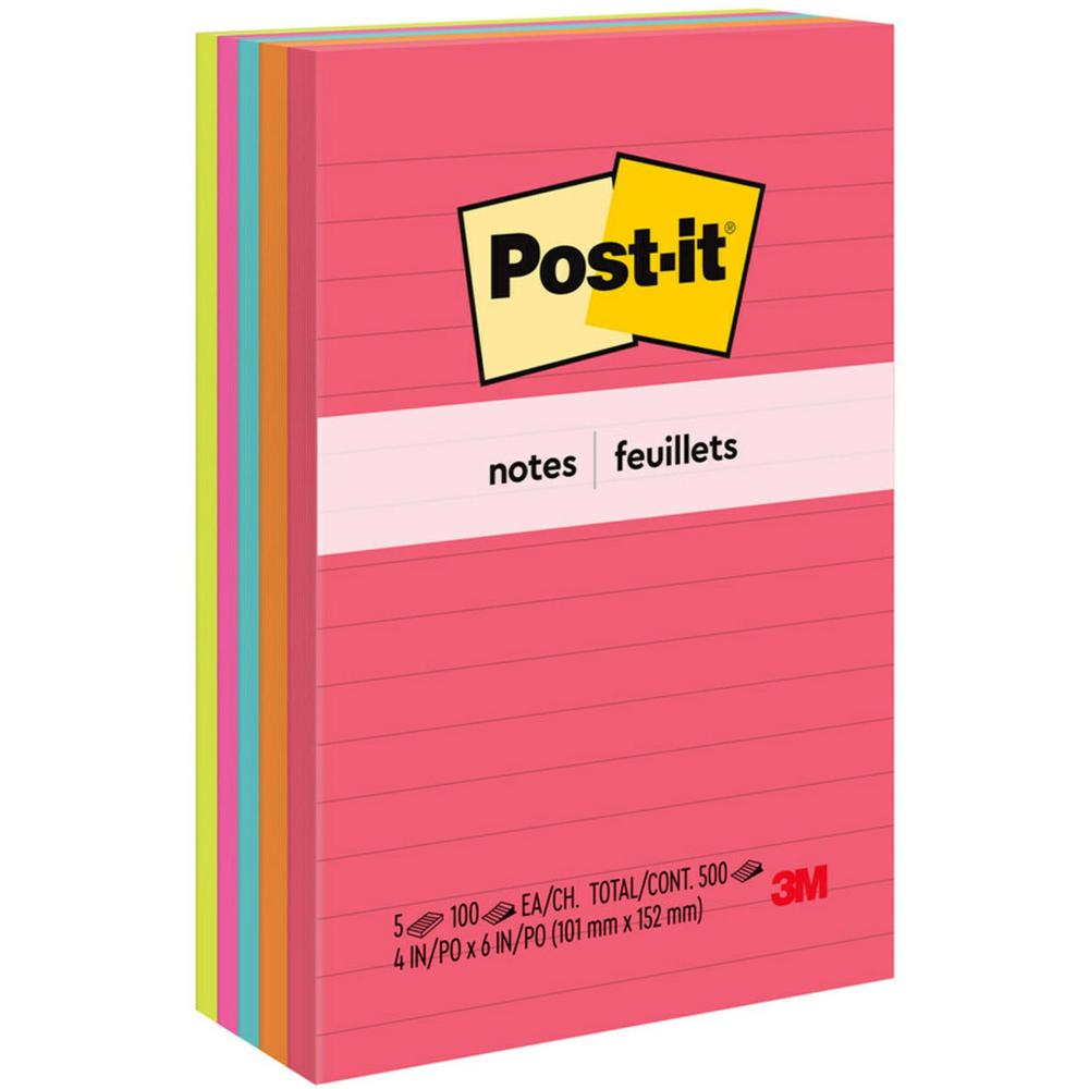 Post-it&reg; Notes Original Notepads - Poptimistic Color Collection - 4" x 6" - Rectangle - 100 Sheets per Pad - Ruled - Power Pink, Neon Green, Aqua, Neon Orange, Guava Pink - Self-adhesive, Self-sti. Picture 1