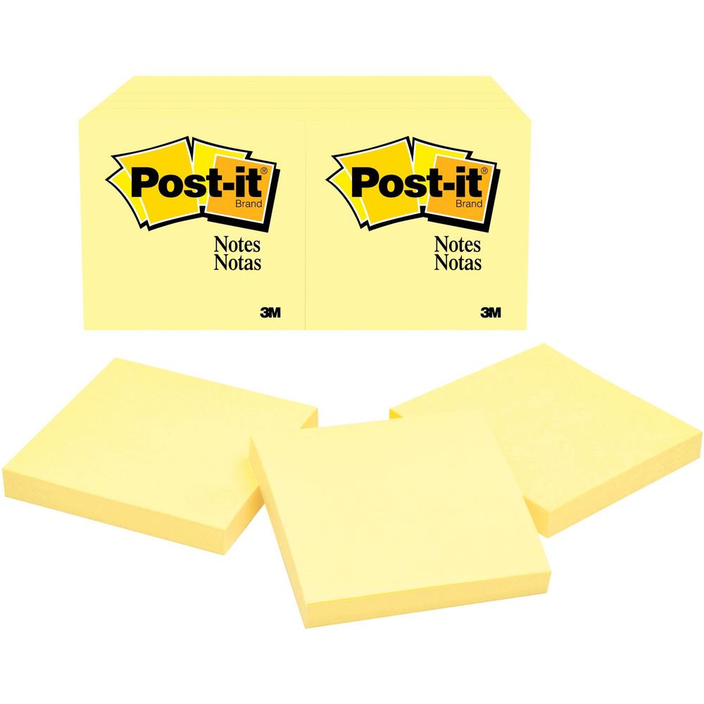 Post-it&reg; Notes Original Notepads - 3" x 3" - Square - 100 Sheets per Pad - Unruled - Canary Yellow - Paper - Self-adhesive, Repositionable - 24 / Bundle. Picture 1