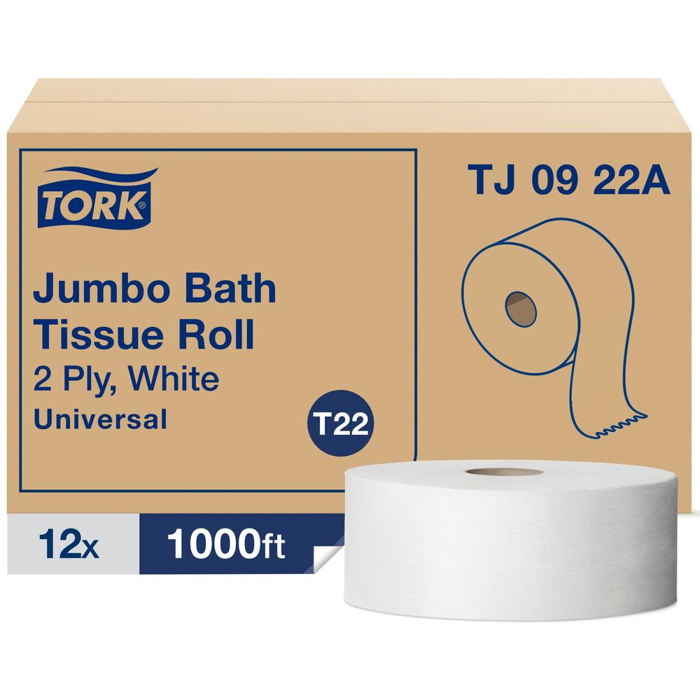 TORK Universal Jumbo Bath Tissue Roll - 2 Ply - 3.60" x 1000 ft - 1000 Sheets/Roll - 8.80" Roll Diameter - White - Paper - Dye-free, Fragrance-free, Long Lasting - 12. Picture 1