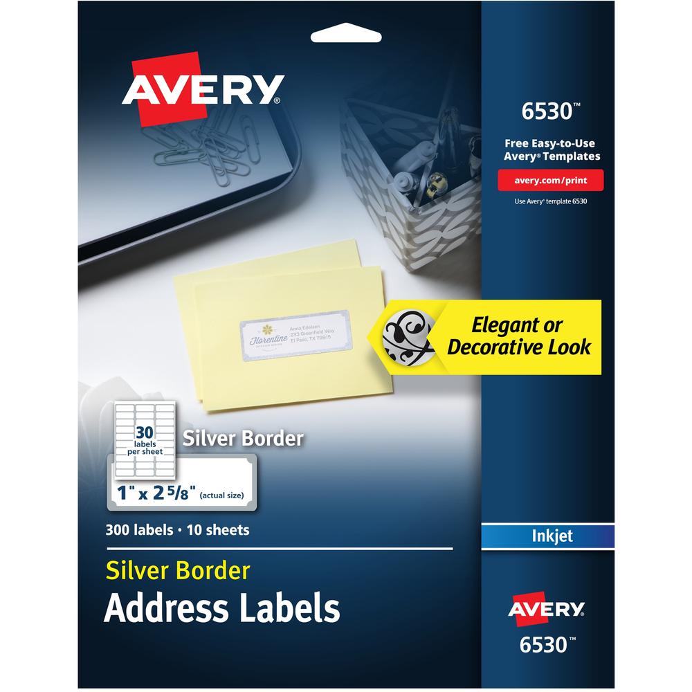 Avery&reg; Easy Peel Address Label - 1" Width x 2 5/8" Length - Permanent Adhesive - Rectangle - Inkjet - White, Silver - Paper - 30 / Sheet - 10 Total Sheets - 300 Total Label(s) - 5. The main picture.