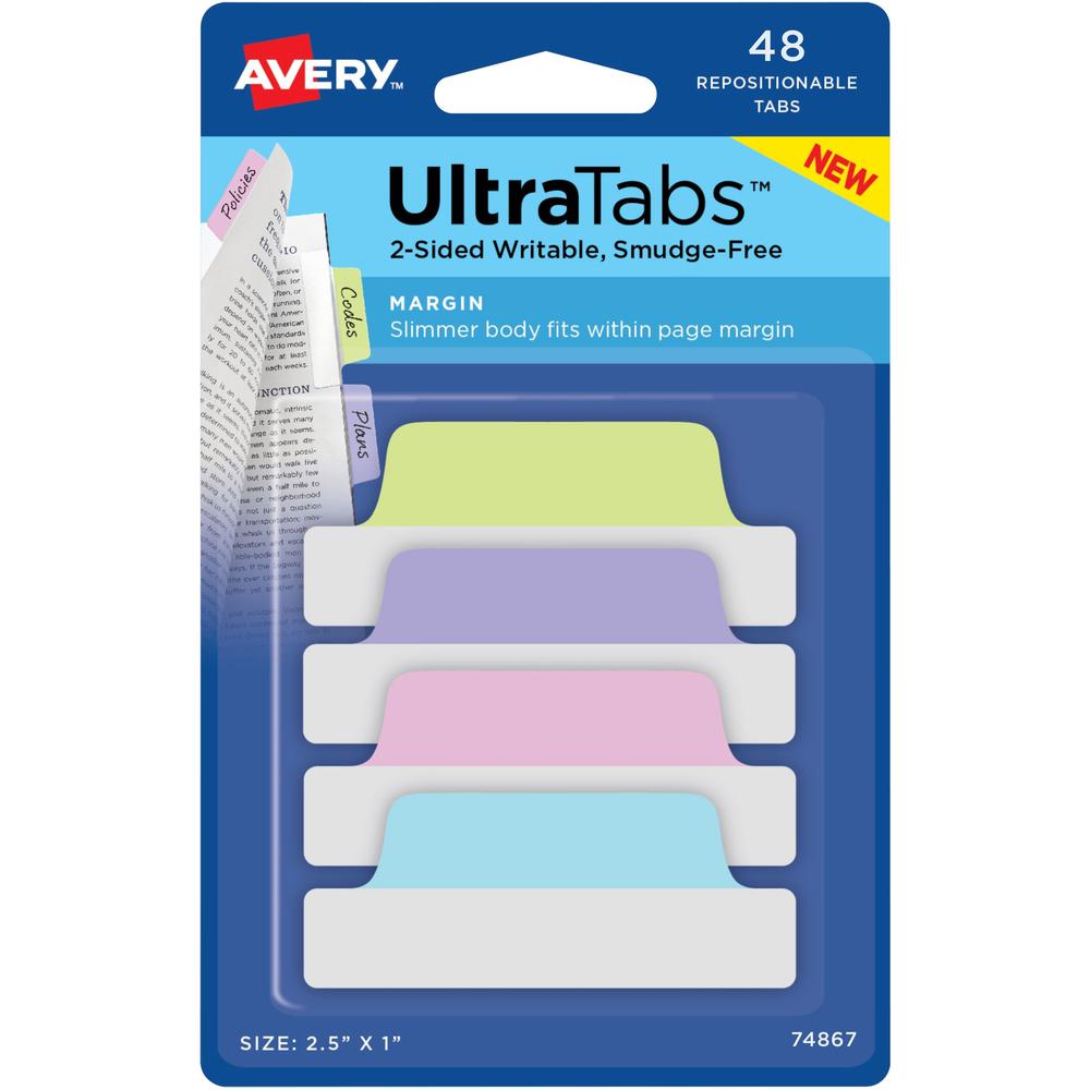Avery&reg; UltraTabs Repositionable Margin Tabs - 48 Tab(s) - 1" Tab Height x 2.50" Tab Width - Clear Film, Pastel Blue Paper, Pastel Pink, Pastel Purple, Pastel Green Tab(s) - 48 / Pack. The main picture.