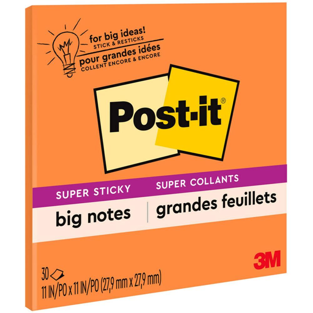Post-it&reg; Super Sticky Big Note - 30 x Orange - 11" x 11" - Square - 30 Sheets per Pad - Orange - Sticky, Removable - 1 Each. Picture 1