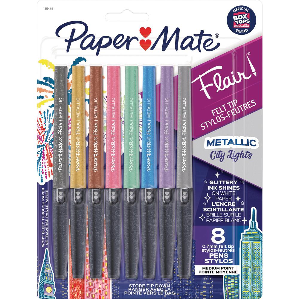Paper Mate Flair Ultra-fine Tip Metallic Pens - Ultra Fine Pen Point - Assorted - 8 / Pack. Picture 1