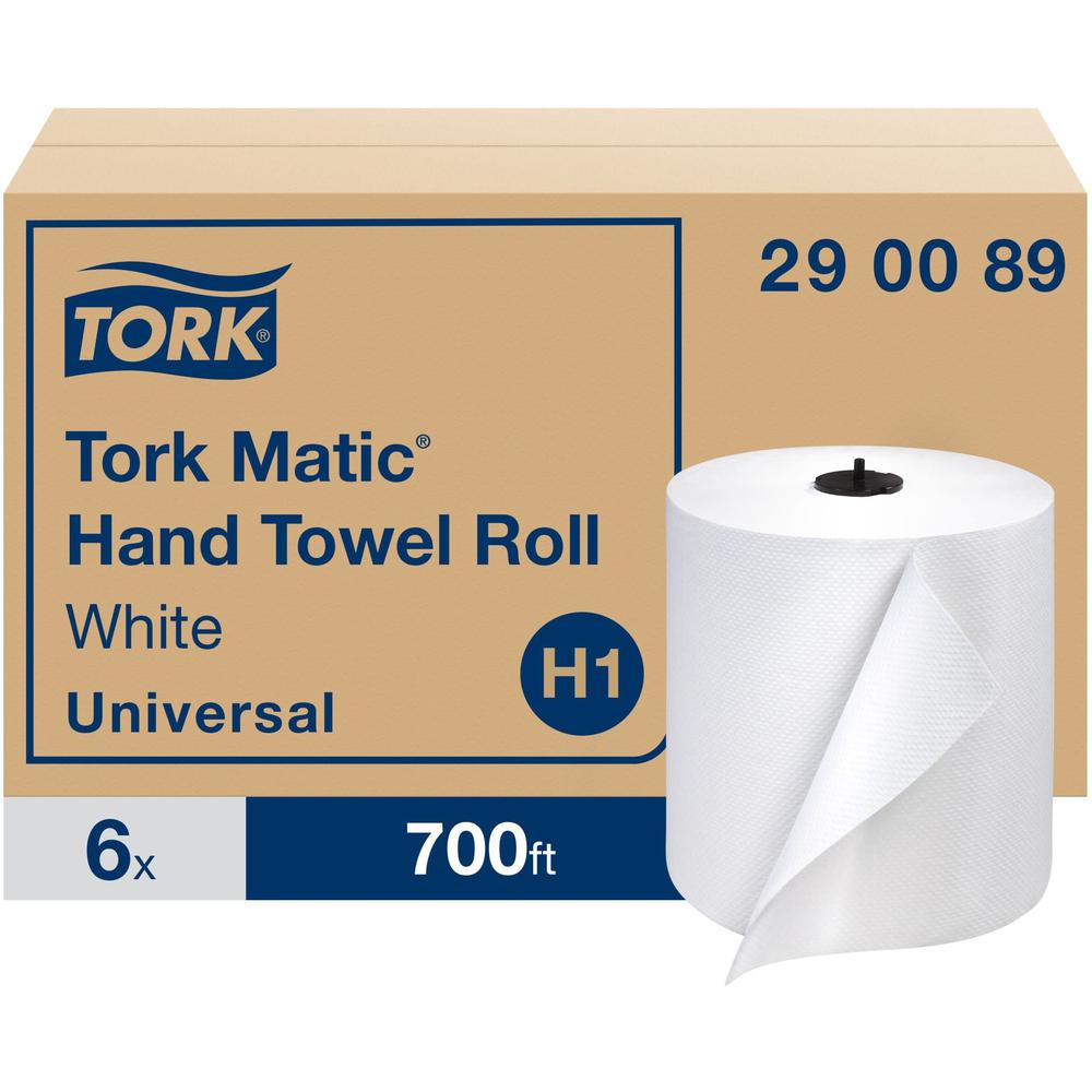 Tork Matic Hand Towel Roll White H1 - Tork Matic Hand Towel Roll, White, Advanced, H1, 100% Recycled Fiber, High Absorbency, High Capacity, 1-Ply, 6 Rolls x 700 ft - 290089. Picture 1