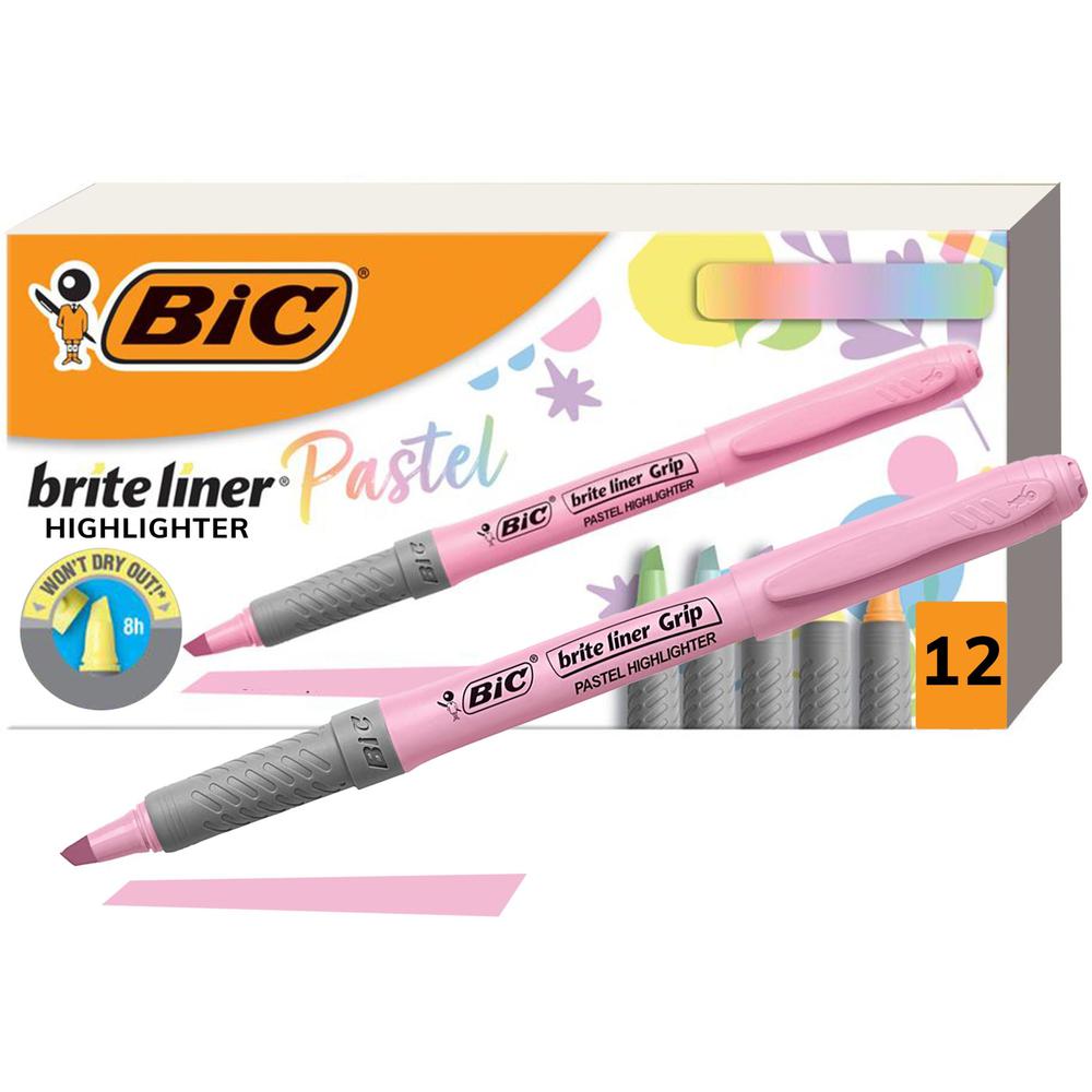 BIC Brite Liner Grip Highlighters, Assorted, 12 Pack - 1.6 mm Marker Point Size - Chisel Marker Point Style - Assorted, Pastel Yellow, Pastel Pink, Pastel Blue, Pastel Green, Pastel Purple, Pastel Ora. Picture 1