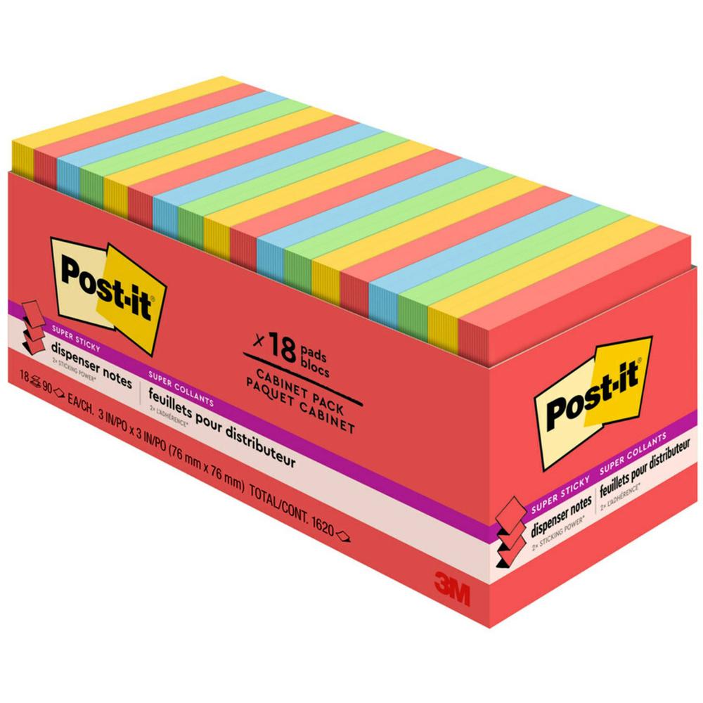 Post-it&reg; Super Sticky Dispenser Notes - Playful Primaries Color Collection - 3" x 3" - Square - Candy Apple Red, Blue Paradise, Sunnyside, Lucky Green - Paper - Pop-up, Recyclable - 18 / Pack. Picture 1