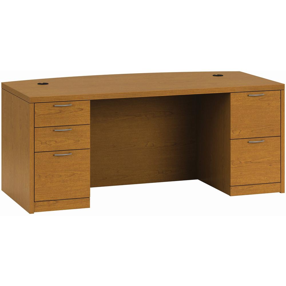HON Valido H115899 Pedestal Desk - 72" x 36" x 29.5" - 5 x Box Drawer(s), File Drawer(s) - Double Pedestal - Ribbon Edge - Finish: Satin Nickel Sweep Pull, Bourbon Cherry. Picture 1