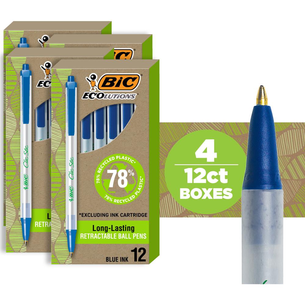 BIC Ecolutions Clic Stic Ballpoint Pen - Medium Pen Point - 1 mm Pen Point Size - Retractable - Blue - Semi Clear Barrel - 48 / Pack. Picture 1