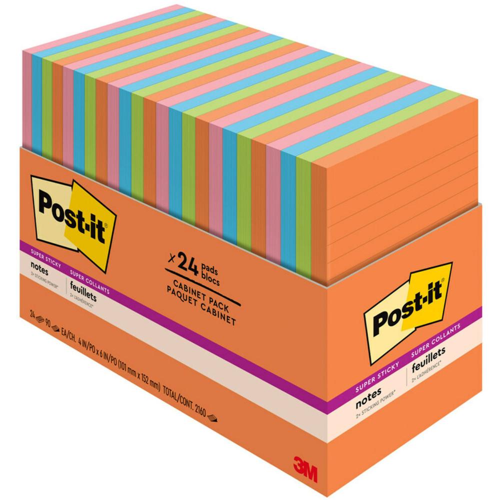 Post-it&reg; Super Sticky Notes - Energy Boost Color Collection - 4" x 6" - Rectangle - 45 Sheets per Pad - Vital Orange, Tropical Pink, Blue Paradise, Limeade - Sticky - 24 / Pack. Picture 1