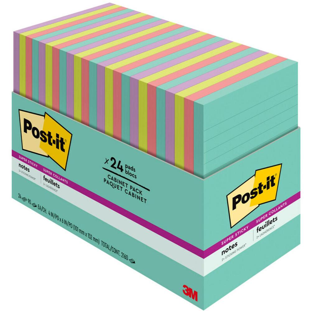 Post-it&reg; Super Sticky Notes - Supernova Neons Color Collection - 4" x 6" - Rectangle - 45 Sheets per Pad - Blue, Green, Pink, Lilac - Sticky - 24 / Pack. Picture 1