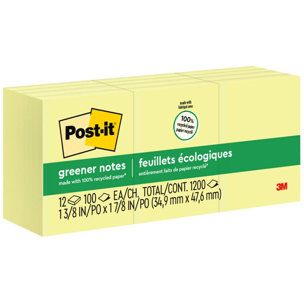 Post-it&reg; Greener Notes - 1200 - 1 1/2" x 2" - Rectangle - 100 Sheets per Pad - Unruled - Yellow - Paper - Self-adhesive, Repositionable - 12 / Pack - Recycled. Picture 1