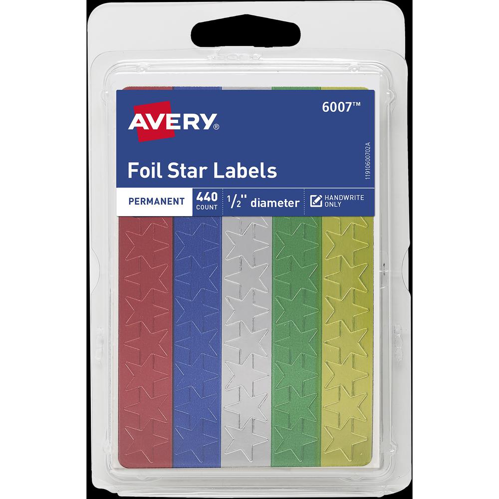 Avery&reg; Assorted Foil Star Labels - Learning Theme/Subject - Permanent Adhesive - 0.50" Height - Red, Blue, Silver, Green, Gold - Paper - 6. Picture 1