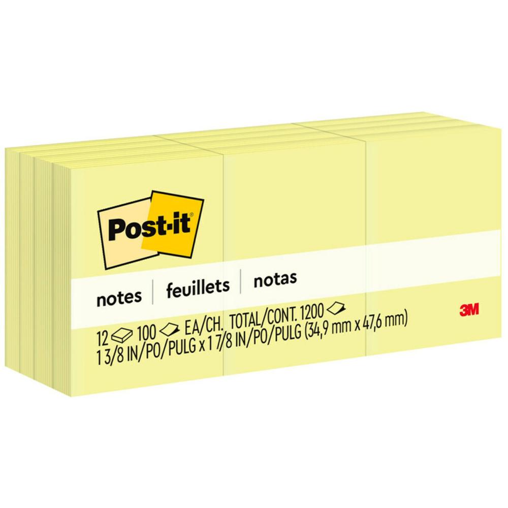 Post-it&reg; Notes Original Notepads - 1 3/8" x 1 7/8" - Rectangle - 100 Sheets per Pad - Unruled - Canary Yellow - Paper - Self-adhesive, Repositionable - 12 / Pack. Picture 1