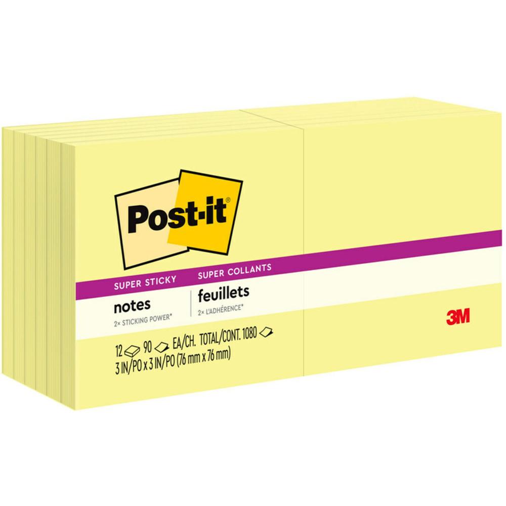 Post-it&reg; Super Sticky Notes - 1080 - 3" x 3" - Square - 90 Sheets per Pad - Unruled - Canary Yellow - Paper - Self-adhesive - 12 / Pack. Picture 1