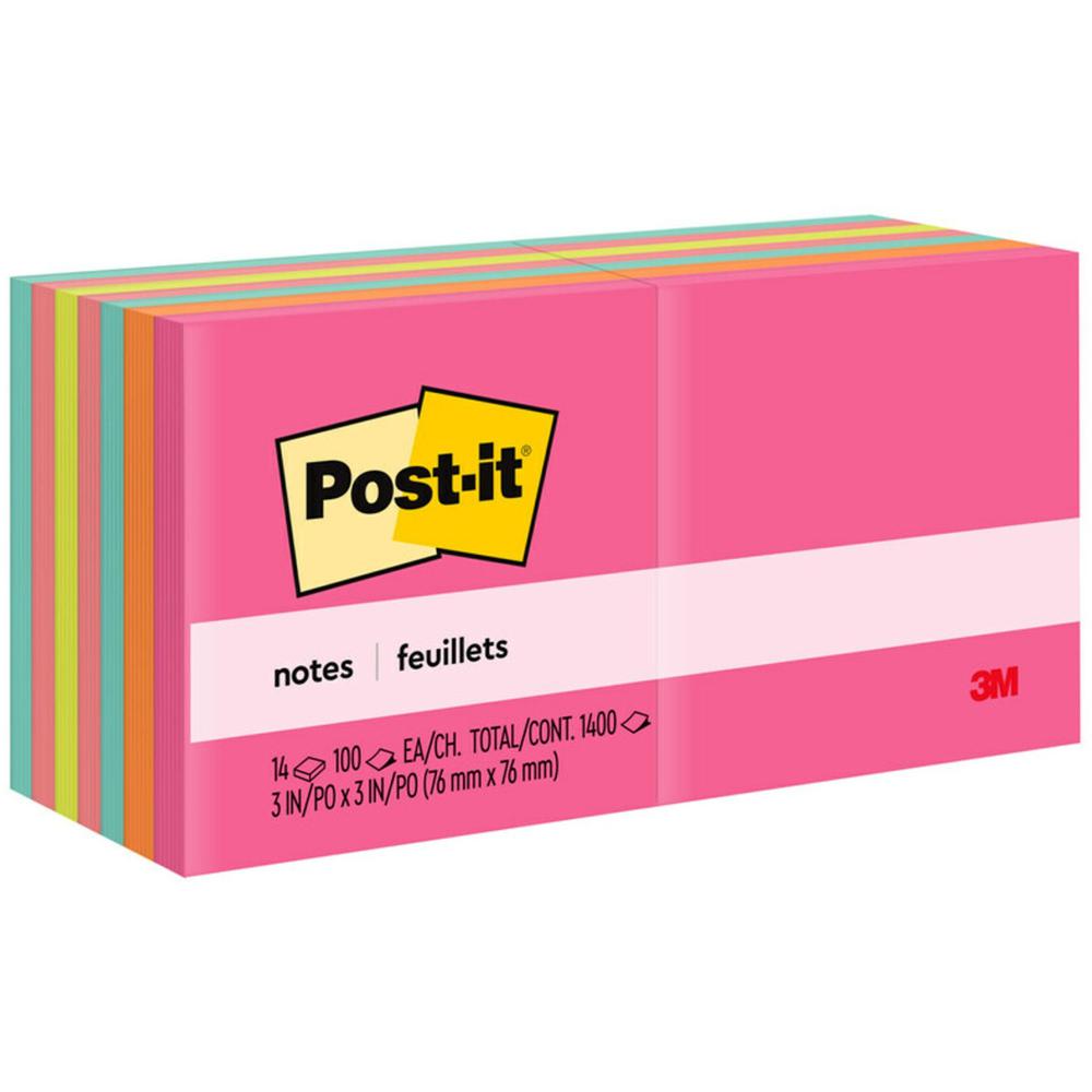 Post-it&reg; Notes - Poptimistic Color Collection - 1400 - 3" x 3" - Square - 100 Sheets per Pad - Unruled - Power Pink, Vital Orange, Aqua Splash, Guava, Acid Lime, Neon Green - Paper - Self-adhesive. Picture 1